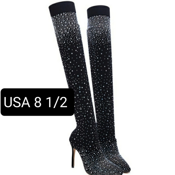 Shoes - NEW Knee Height Black with Rhinestone Sock Boots